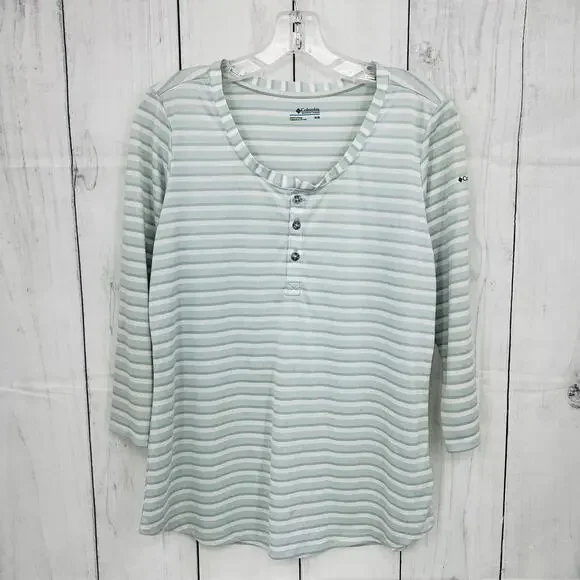 Columbia MEDIUM Henley Tee Shirt womens gray striped sheer 3/4 sleeve - Picture 1 of 9
